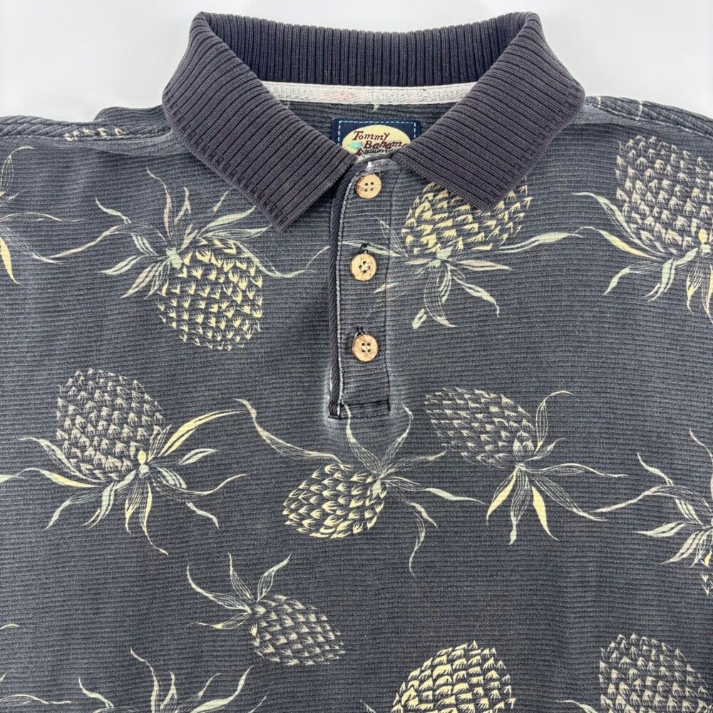 Tommy Bahama Polo Shirt Charcoal Grey Mens Small Pineapple Print Ribbed Vintage